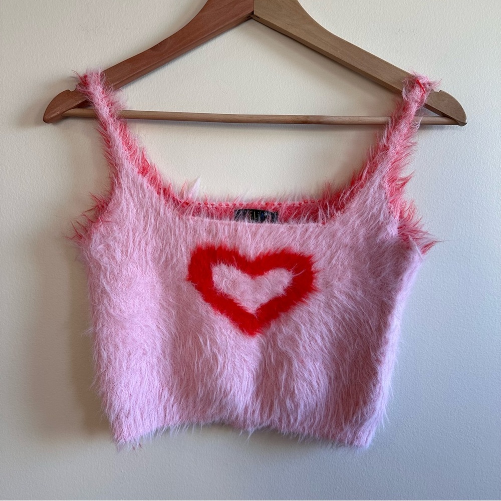 DELIAS Fuzzy pink & red heart tank